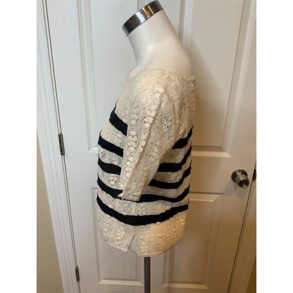 BCBG Max Azria Cream Sheer Lace Black Stripe Tovah Top, Size Small - Picture 3 of 5